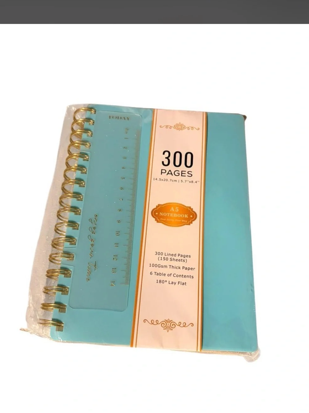 NWT- A5 Turquoise Spiral Notebook with Ruler - 300 Pages